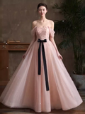 Niulatu A line Pink Tulle Cap Sleeves Long Prom Dress HZ1110