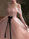 Niulatu A line Pink Tulle Cap Sleeves Long Prom Dress HZ1110