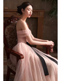 Niulatu A line Pink Tulle Cap Sleeves Long Prom Dress HZ1110