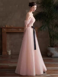 Niulatu A line Pink Tulle Cap Sleeves Long Prom Dress HZ1110