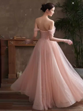 Niulatu A line Pink Tulle Cap Sleeves Long Prom Dress HZ1110