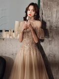 Niulatu A line Off The Shoulder Tulle Cap Sleeves Champagne Prom Dress HZ1110