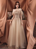 Niulatu A line Off The Shoulder Tulle Cap Sleeves Champagne Prom Dress HZ1110