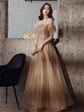 Niulatu A line Off The Shoulder Tulle Cap Sleeves Champagne Prom Dress HZ1110