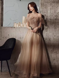 Niulatu A line Off The Shoulder Tulle Cap Sleeves Champagne Prom Dress HZ1110