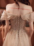 Niulatu A line Off The Shoulder Tulle Cap Sleeves Champagne Prom Dress HZ1110