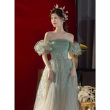 Niulatu A line Off The Shoulder Mint Green Tulle Long Prom Dress HZ1110