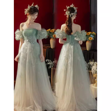 Niulatu A line Off The Shoulder Mint Green Tulle Long Prom Dress HZ1110