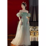 Niulatu A line Off The Shoulder Mint Green Tulle Long Prom Dress HZ1110
