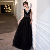 Niulatu A line V Neckline Black Tulle Long Prom Dress HZ1110