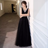 Niulatu A line V Neckline Black Tulle Long Prom Dress HZ1110