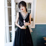Niulatu A line V Neckline Black Tulle Long Prom Dress HZ1110