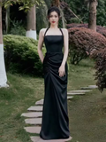 Niulatu Mermaid Halter Black Satin Long Prom Dress HZ1110