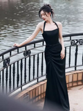 Niulatu Mermaid Halter Black Satin Long Prom Dress HZ1110