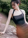 Niulatu Mermaid Halter Black Satin Long Prom Dress HZ1110