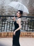 Niulatu Mermaid Halter Black Satin Long Prom Dress HZ1110