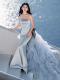 Niulatu Mermaid Strapless Blue Satin Long Prom Dress HZ1110
