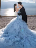 Niulatu Mermaid Strapless Blue Satin Long Prom Dress HZ1110