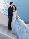 Niulatu Mermaid Strapless Blue Satin Long Prom Dress HZ1110