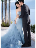 Niulatu Mermaid Strapless Blue Satin Long Prom Dress HZ1110