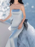 Niulatu Mermaid Strapless Blue Satin Long Prom Dress HZ1110