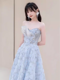 Niulatu A line Strapless Blue Lace Long Prom Dress HZ1110