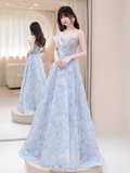 Niulatu A line Strapless Blue Lace Long Prom Dress HZ1110