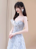 Niulatu A line Strapless Blue Lace Long Prom Dress HZ1110