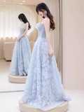 Niulatu A line Strapless Blue Lace Long Prom Dress HZ1110