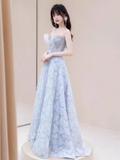 Niulatu A line Strapless Blue Lace Long Prom Dress HZ1110