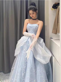 Niulatu Gown Strapless Blue Lace Long Prom Dress HZ1110