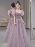 Niulatu line Square Neckline Puffy Sleeves Tulle Long Prom Dress HZ1110