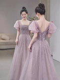 Niulatu line Square Neckline Puffy Sleeves Tulle Long Prom Dress HZ1110