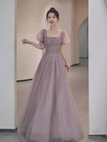 Niulatu line Square Neckline Puffy Sleeves Tulle Long Prom Dress HZ1110