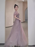 Niulatu line Square Neckline Puffy Sleeves Tulle Long Prom Dress HZ1110