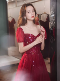 Niulatu A line Burgundy Sequin Long Prom Dress HZ1110