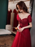 Niulatu A line Burgundy Sequin Long Prom Dress HZ1110