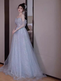 Niulatu A line Off The Shoulder Tulle Long Prom Dress HZ1110