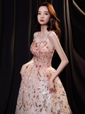 Niulatu A line Spaghetti Straps Sequin Pink Long Prom Dress HZ1110