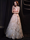 Niulatu A line Spaghetti Straps Sequin Pink Long Prom Dress HZ1110