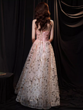 Niulatu A line Spaghetti Straps Sequin Pink Long Prom Dress HZ1110