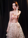 Niulatu A line Spaghetti Straps Sequin Pink Long Prom Dress HZ1110