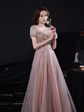 Niulatu A line Short Sleeves Pink Long Prom Dress HZ1110