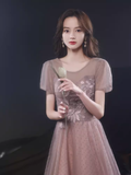 Niulatu A line Short Sleeves Pink Long Prom Dress HZ1110