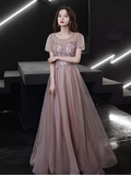 Niulatu A line Short Sleeves Pink Long Prom Dress HZ1110