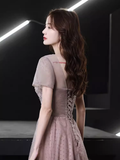 Niulatu A line Short Sleeves Pink Long Prom Dress HZ1110