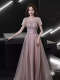 Niulatu A line Short Sleeves Pink Long Prom Dress HZ1110