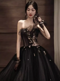 Niulatu A line Strapless Black Tulle Lace Long Prom Dress HZ1110