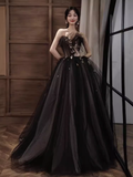 Niulatu A line Strapless Black Tulle Lace Long Prom Dress HZ1110