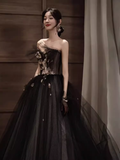 Niulatu A line Strapless Black Tulle Lace Long Prom Dress HZ1110